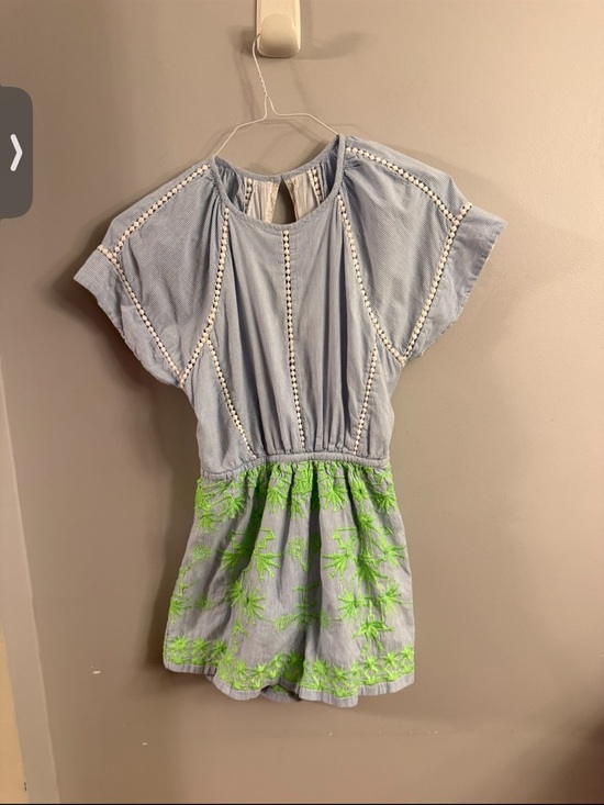 Pants - Blue White Striped Embroidered Open Back Romper XS Green Floral Cotton